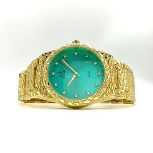 14K Gold Baby Blue Men's Nugget Luxury CZ Diamond Watch